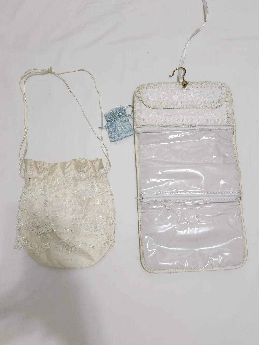 Elegant Bridal  Cream Lace Shantung Silk Beaded Drawstring Money Bag
